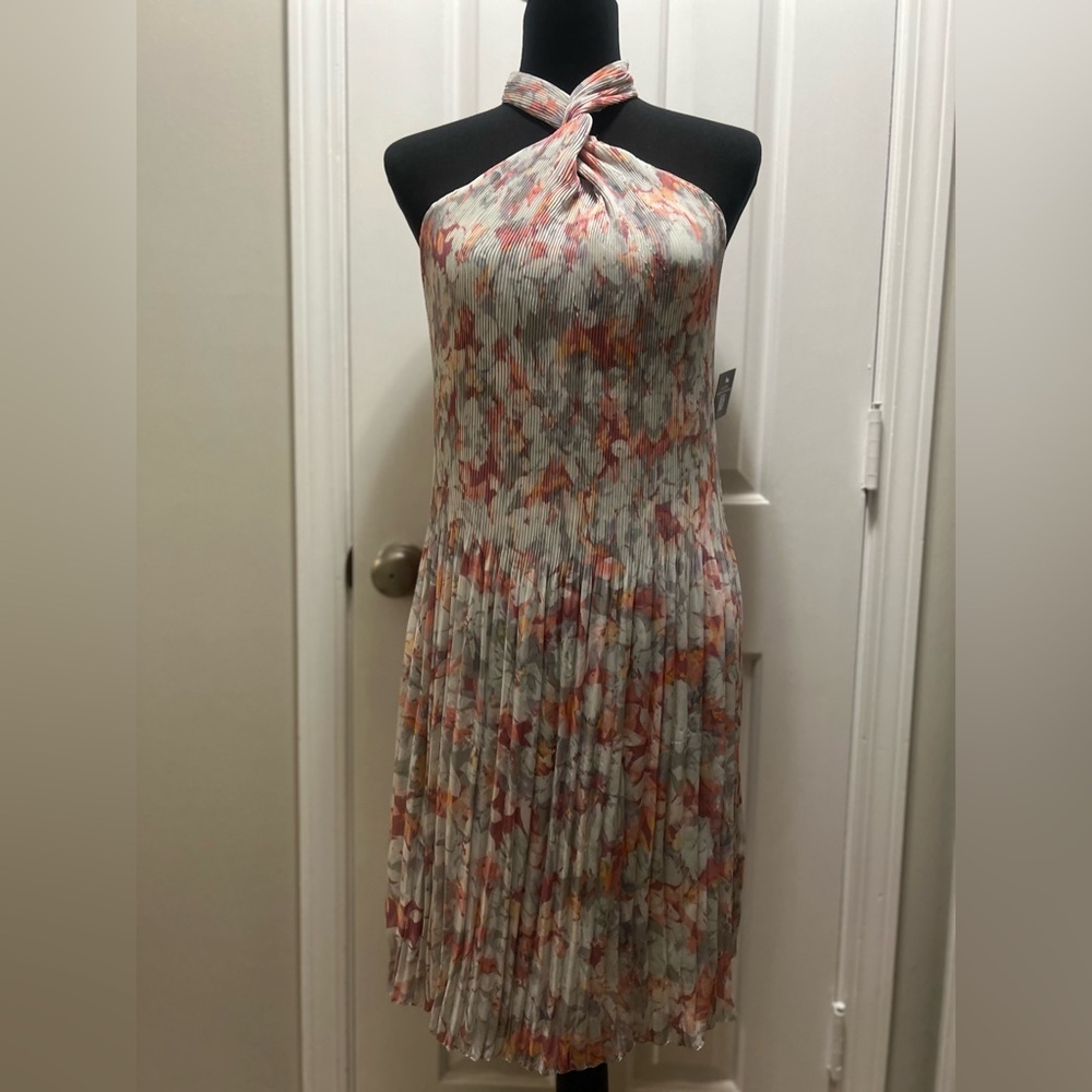 RD Style Halter Pleated Floral Dress in Cream, Pink, Orange
